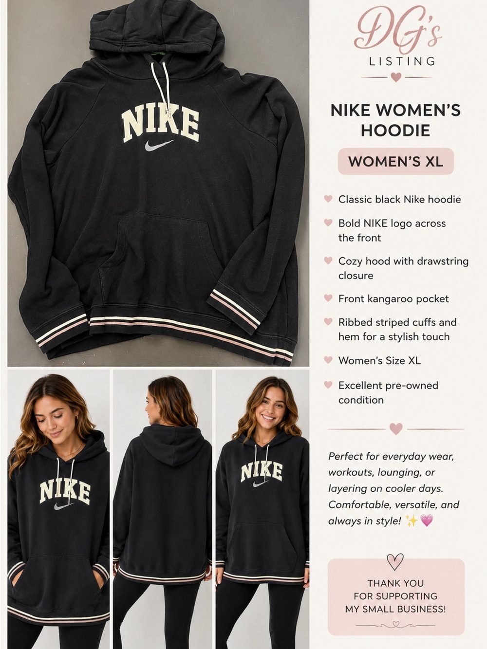 Nike Black Women's Hoodie with Cream NIKE Logo and Striped Cuffs - Women's XL